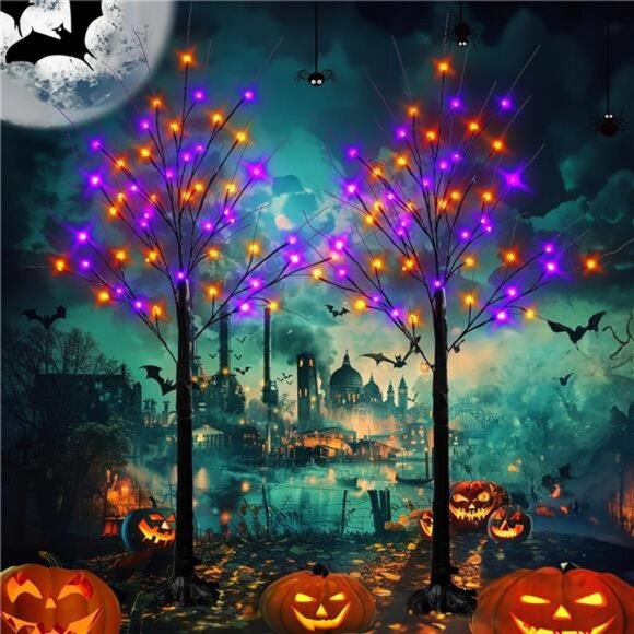 2 Pack 4FT Halloween Lighted Up Birch Tree, Total 96 LED Purple - Picture 1 of 7